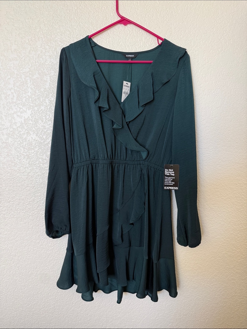 Express Dark Teal Ruffle Wrap Dress